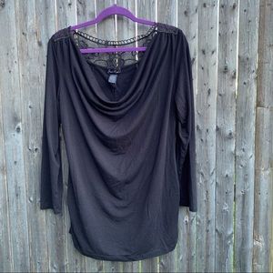 Susie Rose Draped Neckline Black Crochet Back Top